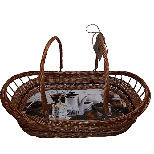 Lovin Birds Weidentablett Bewegliche Henkel Kaffeekanne Motiv Groß 62 cm Weide Tablett Frühstück Serviertablett von LOVIN Birds HANDGEFLOCHTENE KORBWAREN