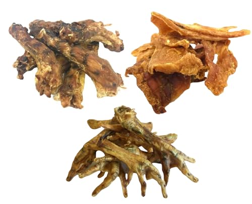 Getrocknete Hühnerfüße | Hals | Filet-Kombi-Pack – rohe Hundeleckerlis für gesunde Gelenke und Zähne | 1 x 100 g Beutel getrocknete Hühnerfüße | 1 x 100 g Beutel getrocknete Hühnerhälse | 1 x 100 g Getrocknete Hühnerfüße | Hals | Filet-Kombi-Pack – rohe Hundeleckerlis für gesunde Gelenke und Zähne | 1 x 100 g Beutel getrocknete Hühnerfüße | 1 x 100 g Beutel getrocknete Hühnerhälse | 1 x 100 g von LOVING THE EARTH