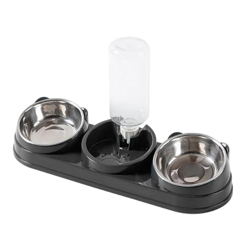LOVIVER Dreifacher Katzennapf, Tierfutter- und Wassernapf mit Wasserspender, erhöhter Katzennapf, Nass- und Trockenfutternapf für Welpen, kleine Hunde und, Dunkelgrau von LOVIVER