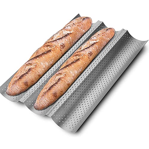 Baguette Backform Edelstahl für 3 Baguettes, Antihaft Baguetteblech Backblech Baguetteformen zum Backen mit Backformen Set 38 x 24.5 x 2.4 cm(Silber) von LOVMEAD