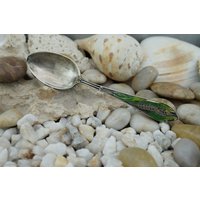 925 Sterling Silber Emailliert Emaille Spikelet Botanik Grün Gelb Design Teelöffel Auf Den Griff Löffel Monogramm 5 3/4'' Lange Vintage Hst von LOVNTG