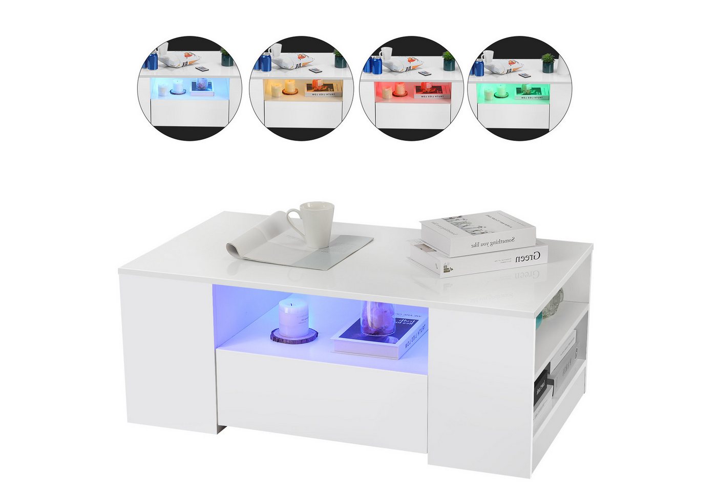 LOVONLIVE Couchtisch Hochglanz-Beistelltisch, farbenfroher LED-Couchtisch mit 2 Schubladen (Hochglanz-Couchtisch, modern, Belastbarkeit bis 80 kg, USB-Ladeanschluss), Hochglanz moderner Sofatisch, 100 x 55 x 37 cm, 4 offene Ablagen von LOVONLIVE