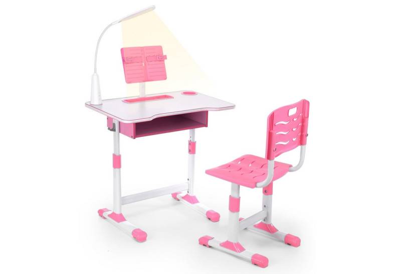 LOVONLIVE Kinderschreibtisch Kinderschreibtisch mit Stuhl & Lampe, höhenverstellbar, ab 4 Jahren (Kinderschreibtisch-Set mit verstellbarem Stuhl und integrierter Lampe, Set mit Schreibtisch,Stuhl,LED-Lampe,Buchhalter&Aufbewahrungsschublade), Mit neigbarer Tischplatte,Anti-Kipp-Design,Stauraum&ergonomischer Form von LOVONLIVE