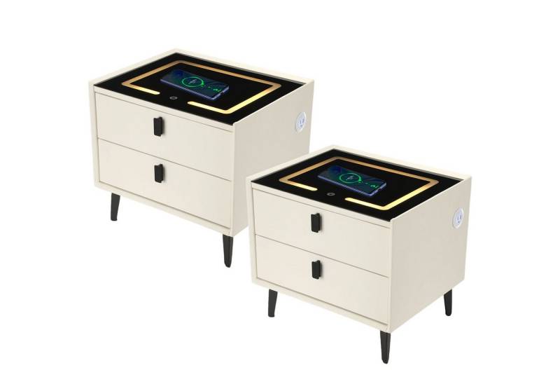 LOVONLIVE Nachttisch Nachttisch 2er Set mit LED, Schubladen & Wireless Charger, Touchscreen (2er Set – ideal als Nachtkonsolen für Doppelbett geeignet, 2-St., 2er Set Nachttisch mit identischer Ausstattung und modernem Design), Kabellose Ladefunktion und dimmbares LED-Licht mit Farbwechsel von LOVONLIVE