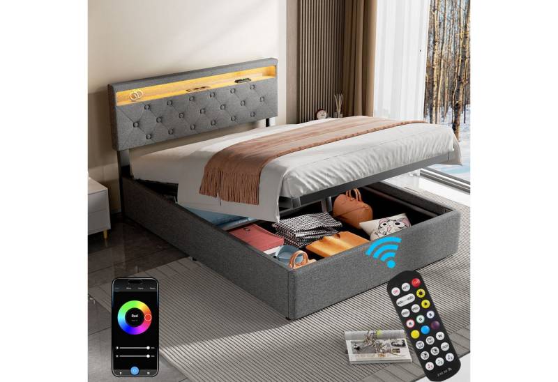 LOVONLIVE Polsterbett Doppelbett 140x200cm mit Stauraum LED Licht,Lautspreche, anhebbarer (Polsterbett mit praktischem Stauraum, integrierter LED-Beleuchtung und USB-Anschluss), LED-Licht in 16 Farben,komfortables Kopfteil & vielseitiger Stauraum von LOVONLIVE