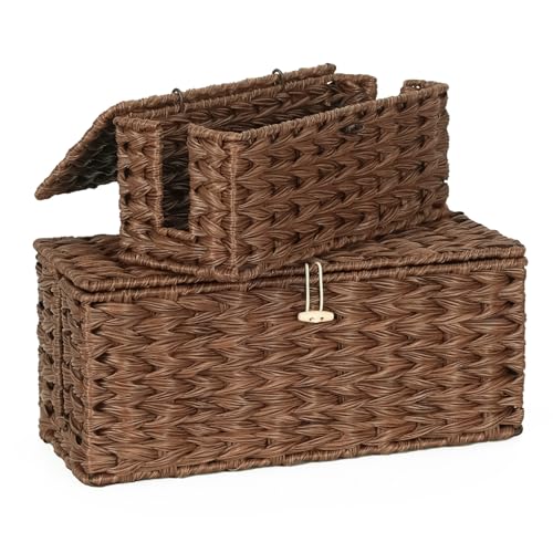 2 Stück Kabelbox, Handgefertigte Rattanimitation Kabelmanagement Box, Bambus Kabel Organizer Box mit Abdeckung, Kabelaufbewahrung mit Seitlicher Öffnung zum Verstecken von Kabeln, Geeignet für Zuhause von LOVSTORAGE