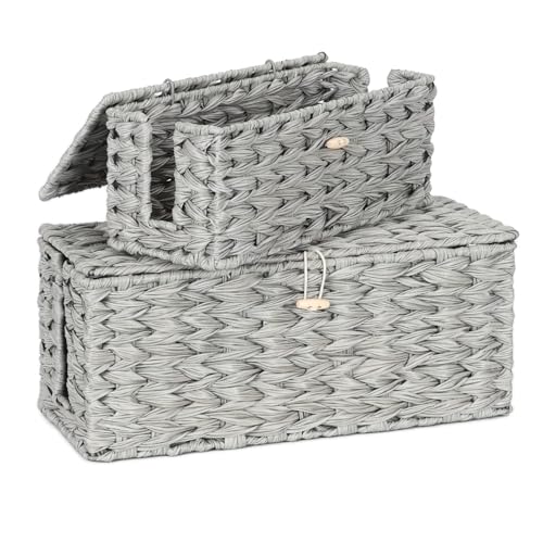 2 Stück Kabelmanagementbox, Handgefertigte Rattanimitation Kabelbox mit Abdeckung, Kabel Aufbewahrungsbox mit Seitlicher Öffnung zum Verstecken von Kabeln, Kabel Organisierte Box Geeignet für Zuhause von LOVSTORAGE