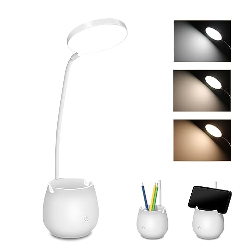 Schreibtischlampe Kinder, LOVUMMOR Tischlampe Nachttischlampe, 24 LED Augenschonende Bürolampe Leselampe mit Stifthalter, USB Wiederaufladbar Touch Dimmbar 360° Flexibel Leselicht Schreibtischleuchte von LOVUMMOR