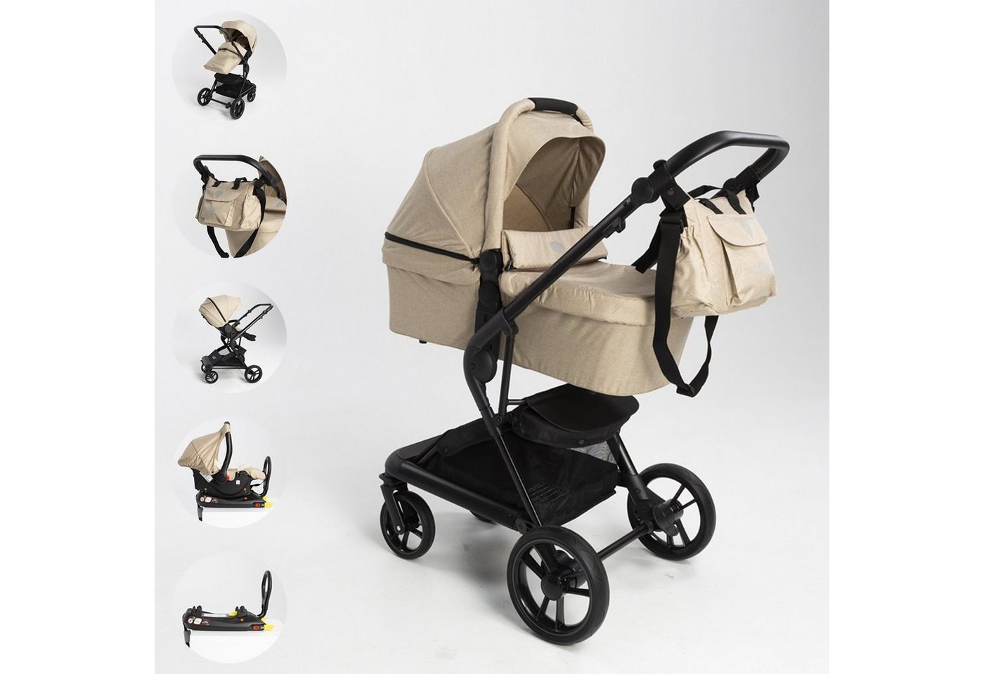 LOVY Kombi-Kinderwagen 4 in 1 Set. Eingeschlossen: Babywanne, Babyschale für das Auto, Sportsitz, Wickeltasche, Moskitonetz, Isofix-Basisstation. von LOVY