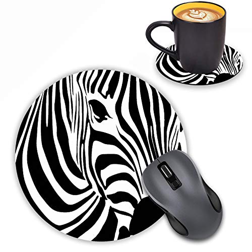 Rundes Mauspad mit Untersetzer-Set, Zebra-Streifen-Druck-Design, rutschfestes Gummi-Mauspad, Bürozubehör, Schreibtisch-Dekoration, Mauspads für Computer Laptop von LOWORO