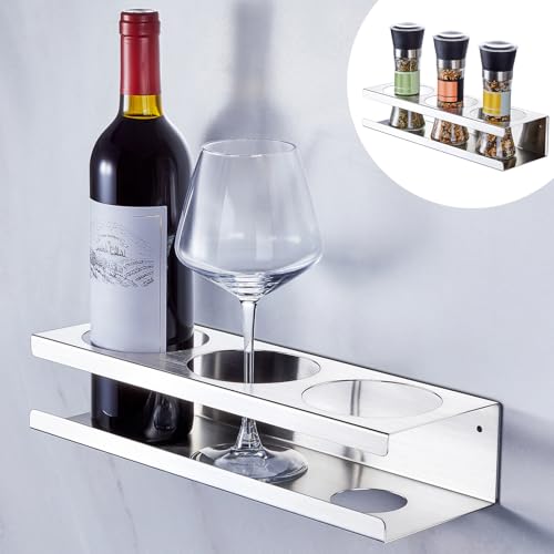 LOXSUN Wandmontierter Weinhalter, SUS304 Edelstahl Weinglas Halterung, Flaschenregal Selbstklebend oder Gebohrt, Weinregal Hängend, Gewürzregal Ohne Bohren für Küche, Wohnzimmer, Esszimmer, Silber von LOXSUN