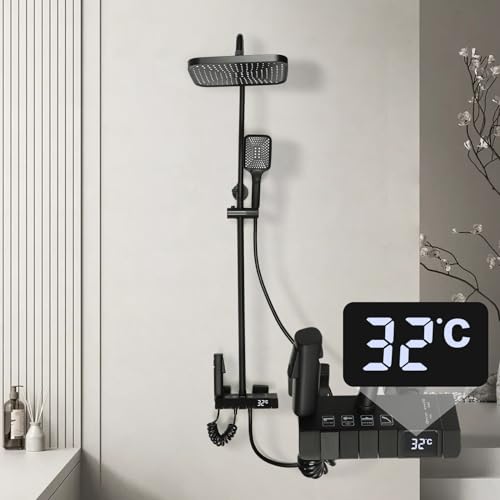 Digital LED Duscharmatur Duschsystem Schwarz Regendusche Duschset Mischbatterie brause Mit Regendusche Top Spray, Hochdruck SprüHpistole, Wasserhahn,Handspray,33.46-47.24inch Einstellbar von LOYEMAADE