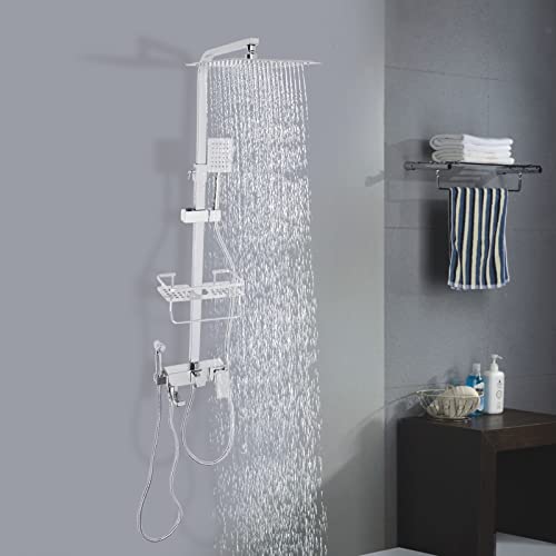 Duscharmatur mit Hängender Korb, 4-in-1 Funktionen Duschset,Duschsystem mit Duschkopf,Regendusche, Handbrause, Wasserhahn und Spritzpistole für Badzimmer (Silber) von LOYEMAADE