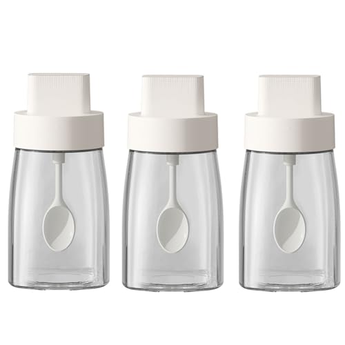 LOYUYU Küche Natrium Calcium Glas Gewürzgläser Gewürzboxen Set von 3, Gewürztöpfe Gewürzgläser, Kombination Löffel Höhenverstellbar und Deckel, luftdichte Kappe 230ml Weiß von LOYUYU