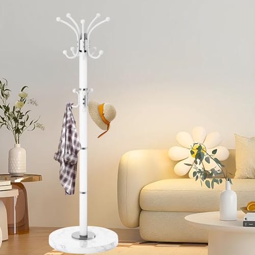 LOZABEE Robuster Kleiderständer aus Metall, modern, 360° Roraty, freistehende Garderobenleiste mit natürlichem Marmorsockel, weiße Garderobenständer, Flur, Baumaufhänger mit 16 Haken für Eingang, Büro von LOZABEE