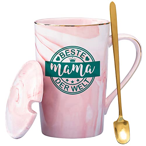 Geburtstagsgeschenke für Mama, Lustige Kaffeetassen für Mutter, Beste Mama der Welt Muttertagsgeschenke, 400ml Keramik Marmorbecher Teetasse mit Deckel, Goldenem Löffel und Geschenkbox (Rosa 02) von LOZACHE