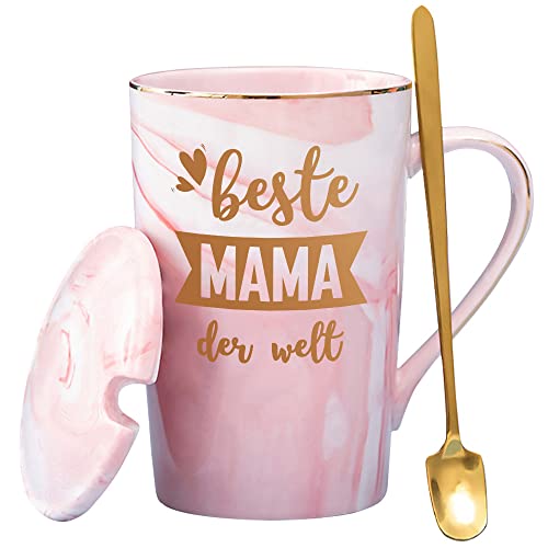 Mama Geschenk Tasse mit Spruch 'Beste Mama der Welt', Geschenke Geschenkideen für Mutter Geburtstagsgeschenk zu Weihnachten zum Muttertag Geburtstag, 400ml Rosa, mit Deckel Löffel, Geschenk-Box von LOZACHE