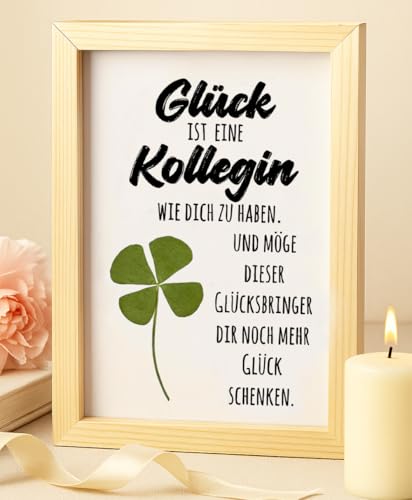 LOZACHE Geschenk für Kollegin – Handgemachtes Glasrahmen-Dekor mit echtem vierblättrigem Kleeblatt – Persönlicher Glücksbringer & Abschiedsgeschenk mit Spruch – Danke Kollegin Geschenk von LOZACHE