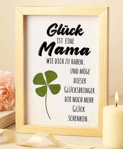 LOZACHE Geschenk für Mama mit echtem vierblättrigem Kleeblatt – Glücksbringer im Glasrahmen mit Spruch - Handgemachtes Kleines Dankeschön & Geburtstagsgeschenk Muttertagsgeschenk, Deko & Andenken von LOZACHE