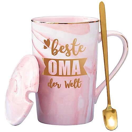 Oma Geschenk Tasse mit Spruch 'Beste Oma der Welt', Großmama Geschenke Geschenkideen für Großmütter Geburtstagsgeschenk zu Weihnachten zum Muttertag, mit Deckel Löffel, Geschenkbox (für Oma) von LOZACHE