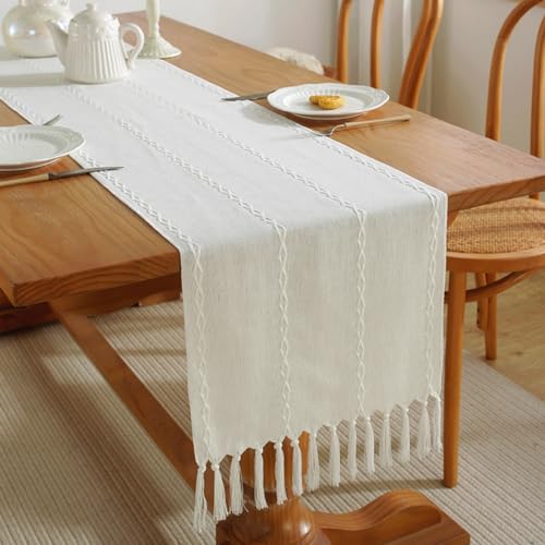 LOZULO Creme Weiß Tischläufer Modern Läufer Tisch Boho Baumwolle Leinen Tischläufer Deko Couchtisch Abwaschbar Landhausstil Table Runner Party Hochzeit Tischdeko 38x140cm von LOZULO