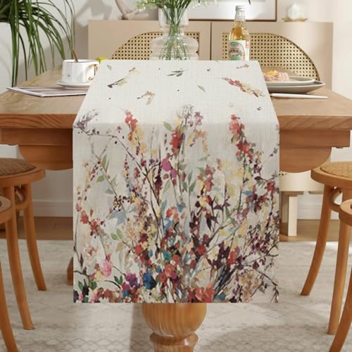 LOZULO Natur Blumen Tischläufer Modern Frühlingsdeko Tisch Wetterfest Tischläufer Leinen Lang Tischläufer Abwaschbar Outdoor Tischdecke Frühling für Party Tischmatten Läufer 40x140 cm von LOZULO
