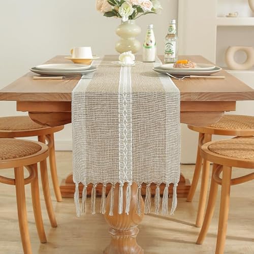 LOZULO Tischläufer Beige Modern Tischdecke Baumwolle Leinen Läufer Tisch Elegant Tischläufer Landhausstil Boho Tisch Deko Couchtisch Abwaschbar Table Runner Party Hochzeit Tischdeko 35x163cm von LOZULO