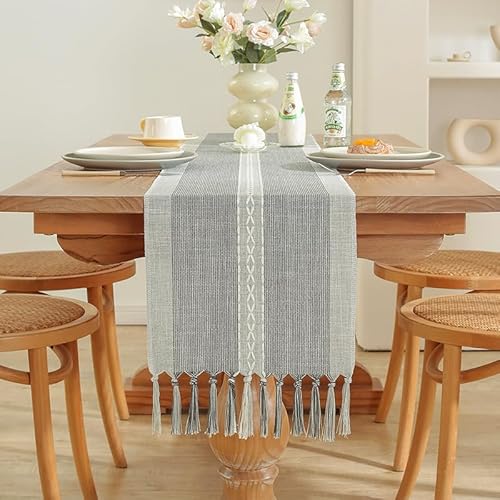 LOZULO Tischläufer Grau Modern Tischdecke Baumwolle Leinen Läufer Tisch Elegant Edel Tischläufer Landhausstil Boho Tisch Deko Couchtisch Abwaschbar Table Runner Party Hochzeit Tischdeko 35x163cm von LOZULO