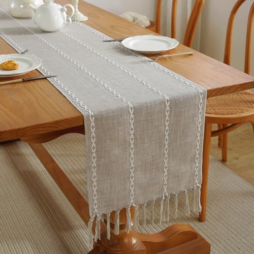 LOZULO Tischläufer Modern Tischdecke Beige Läufer Tisch Boho Baumwolle Leinen Tischläufer Deko Couchtisch Abwaschbar Landhausstil Table Runner Party Hochzeit Tischdeko 38x140cm von LOZULO