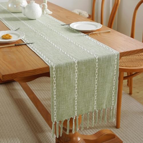 LOZULO Tischläufer Modern Tischdecke Grün Läufer Tisch Boho Baumwolle Leinen Tischläufer Deko Couchtisch Abwaschbar Landhausstil Table Runner Party Hochzeit Tischdeko 38x140cm von LOZULO