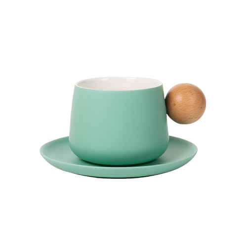 LP Fusion Elegant Fusion Ceramic Cup & Saucer Set - Modern Design with Wooden Handle, Black Porcelain Drinkware for Coffee & Tea (Blue) von LP Fusion