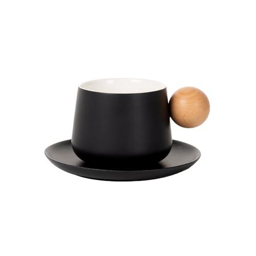 LP Fusion Elegant Fusion Ceramic Cup & Saucer Set - Modern Design with Wooden Handle, Black Porcelain Drinkware for Coffee & Tea von LP Fusion