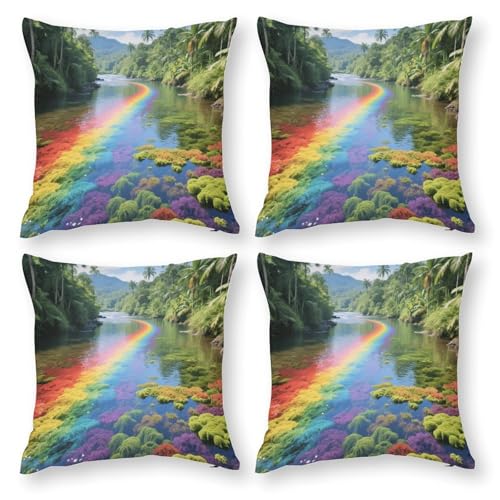 Rainbow River Landscape 4-teiliges Kissenbezug-Set, Bohemian-Sofa-Kissenbezug, dekorativer Überwurf-Kissenbezug, für Wohnzimmer, Sofa, Bett und Sofa, mit unsichtbarem Reißverschluss Rainbow River Landscape 4-teiliges Kissenbezug-Set, Bohemian-Sofa-Kissenbezug, dekorativer Überwurf-Kissenbezug, für Wohnzimmer, Sofa, Bett und Sofa, mit unsichtbarem Reißverschluss von LPAGBCNU