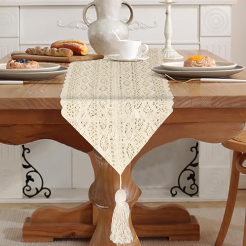 LPAMABA 24cm x 180cm Tischläufer Boho Makramee, Beige Vintage Table Runner Boho Mit Fransen Spitze Abwaschbar Boho Tischläufer Quasten für Landhausstil Hochzeit Geburtstag Dekorativ von LPAMABA