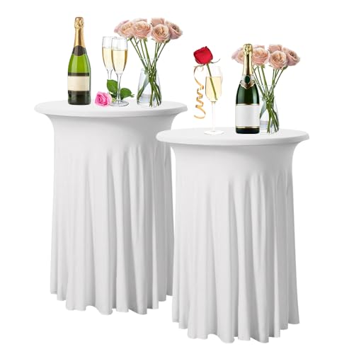 LPAMABA 2er Set 110x80cm Stretch Stehtischhusse Weiß Tischdecke Bistrotisch Bartisch Hussen Tischhusse Cocktail Rund Stretch Stehtisch Tischdecke Stehtisch Tischrock Abdeckung mit Rock Party Hochzeit von LPAMABA