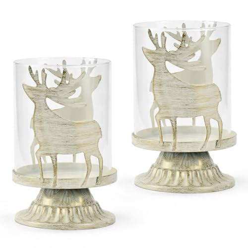 LPAMABA 2er Set Kerzenhalter Weihnachten Teelichtglas Weihnachtsdeko Windlichter Hirsch Kerzenständer aus Metall Rentier Windlichter Kerzenleuchter Teelichthalter Weihnachtliche Tischdekoration von LPAMABA