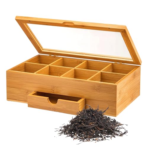 LPAMABA 30x20x10cm Holz Teebox Teekiste Bambus Teebeutel Box Teebeutel Kiste mit klappbarer Deckel Tee Aufbewahrung Teebeutel Aufbewahrungsbox mit 9 Fächern Sichtfenster Schublade Hellbraun von LPAMABA