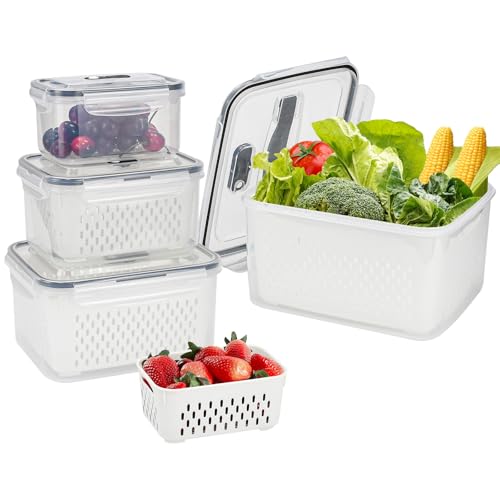 LPAMABA 4 Set 4,15L+3,15L+1,7L+0,8L Kühlschrank Frischhaltedosen mit Deckel Frischhalteboxen mit Sieb Obst Gemüse Kühlschrank Organizer Abtropfgitter Kühlschrankdosen Abtropfsieb Salat Beer Organizer von LPAMABA