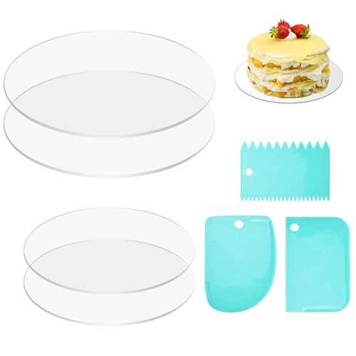 LPAMABA 4 Stück Kuchenplatte Rund Acryl 20cm/15 cm Cake Board Transparente Tortenunterlage Acryl Wiederverwendbar Cakeboard Tortenplatte mit 3 Kuchenschaber für Transport Kuchen und Torten von LPAMABA