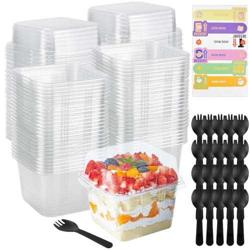 LPAMABA 50 Stück Desserttassen mit Deckel und Löffeln 240ml Plastikbecher Quadratischer Dessertbechern Set Dessertschalen Wiederverwendbar Servierschüssel avec Autocollants für die Pudding Mousse von LPAMABA