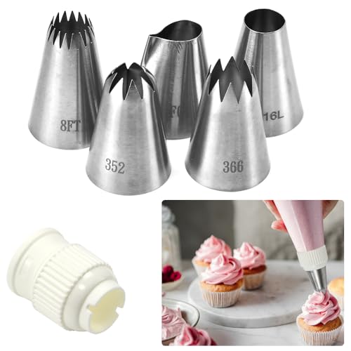 LPAMABA 5er Groß XL Spritztüllen 304 Edelstahl Tüllen für Spritzbeutel Spritzsack mit Adapter Profi Spritztüllen zum Dekorieren von Kuchen Torten Cupcakes Churros Krapfen Keks Spülmaschinengeeignet von LPAMABA