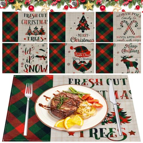 LPAMABA 6pcs Leinen Weihnachten Tischsets 43x32cm Platzdeckchen Platzset Weihnachten Tischmatten Untersetzer rutschfest Weihnachtstischsets Hitzebeständig Weihnachtsplatzset Tischdeko Abwaschbar von LPAMABA