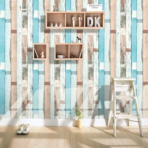 LPAMABA Selbstklebende Tapete Holztapete 45x1000cm Holz Streifen Wandaufkleber Holzpaneel-Effekt Selbstklebende Tapete Wasserdicht Tapete Selbstklebend Weiße Blaue Selbstklebende Vinylfolie Rollen von LPAMABA