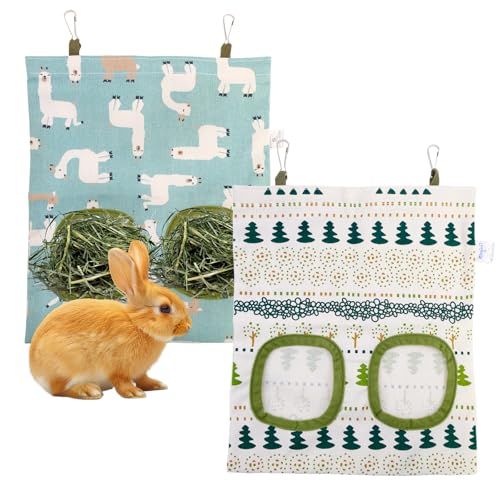 LPEPLL 2er Set Heuraufe Kaninchen, Heutasche hängend mit 2 Öffnungen, Futterspender für Meerschweinchen und Kleintiere, langlebiger Heusack, platzsparend und leicht zu reinigen von LPEPLL