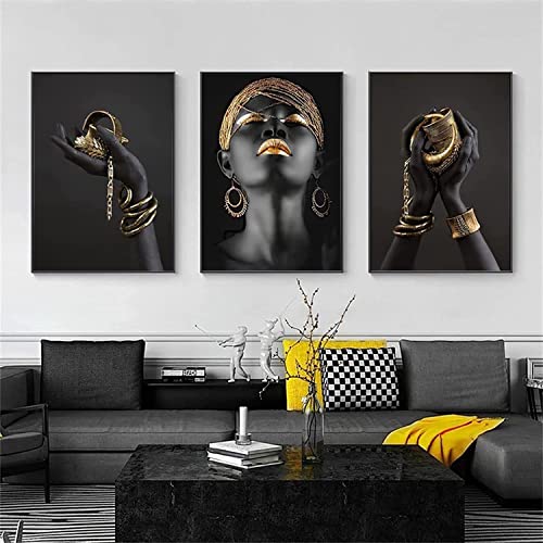 3er set Modern Leinwand Bilder Gold Schwarz Lippen Leinwandbilder Frau Afrikanische Wohnzimmer Fashion Frau Schlafzimmer Dekorieren (60x90cm*3) von LPFNSF