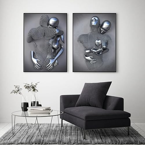 LPFNSF 3D Metall Kunst Dekoration Malerei, Modernes Silber Und Gold Skulptur Effekt Dekoration Plakat, Romantische Umarmung Liebe Gedruckte Leinwand Malerei, Rahmenlos (C 2,40x60cm*2) von LPFNSF