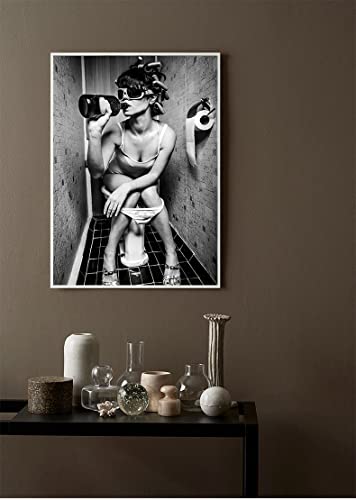 LPFNSF Badezimmer Leinwand Bilder,Schwarz-weiß Leinwand Bild Moderne Mode Frauen Rotwein, Lustige Badezimmer-Wandkunst Poster Badezimmer Toilette dekorative Malerei. (40 * 60cm) von LPFNSF