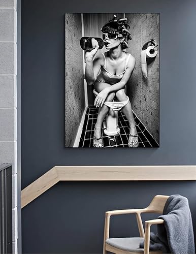 LPFNSF Badezimmer Leinwand Bilder,Schwarz-weiß Leinwand Bild Moderne Mode Frauen Rotwein, Lustige Badezimmer-Wandkunst Poster Badezimmer Toilette dekorative Malerei. (80 * 120cm) von LPFNSF