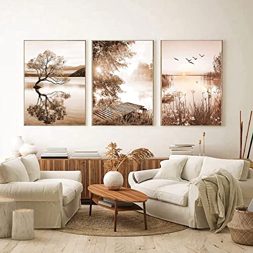 LPFNSF Moderne Kunst Poster Set, Beige Baum See Kunst Druck Poster, Schlafzimmer, Wohnzimmer, Korridor, Restaurant Hintergrund Wand Dekoration Poster Bild, Grenzlos (20 x 30 cm*3) von LPFNSF