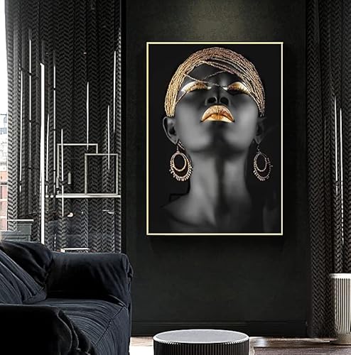 Leinwandbilder Gold Lippen Schwarz Leinwand Bilder 3er Set Frau Afrikanische Wohnzimmer Fashion Frau Schlafzimmer Dekorieren (A,60x90cm) von LPFNSF